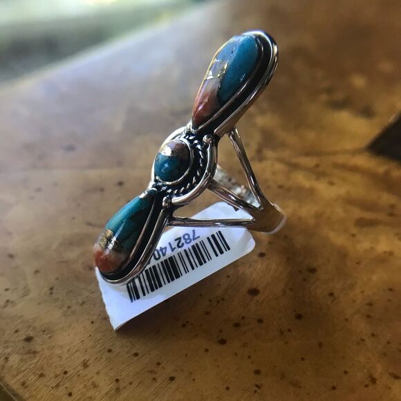 Spiny Turquoise Sterling Silver Ring Size 8 - Picture 2 of 7